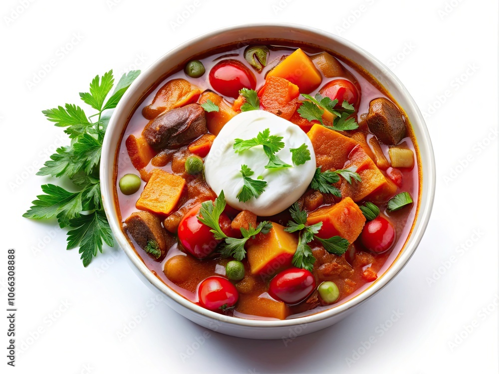 Surreal Bowl of Stew with Fresh Vegetables and Creamy Sour Cream Isolated on White Background for Culinary Art and Food Photography Inspiration Surreal Bowl of Stew with Fresh Vegetables and Creamy Sour Cream Isolated on White Background for Culinary Art and Food Photography Inspiration