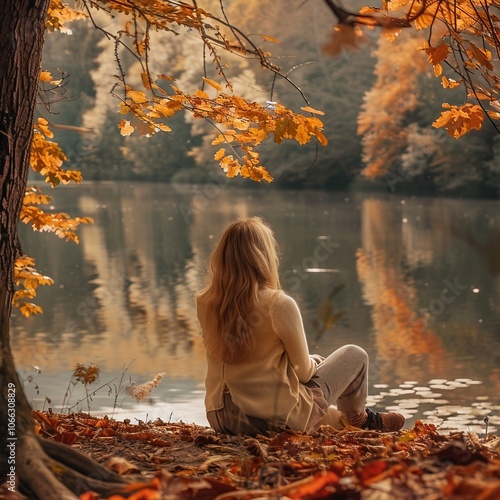 A girl sitting under tree on the canal of lake .