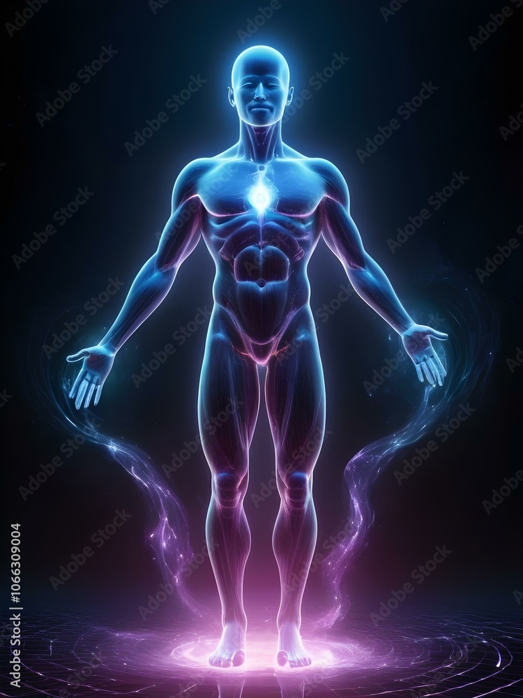3d rendered illustration of translucent body man is floating in dark 3d rendered illustration of translucent body man is floating in dark