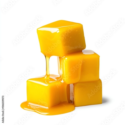 Vibrant yellow mango jelly cubes melting on a white background, perfect for desserts and culinary presentations. photo