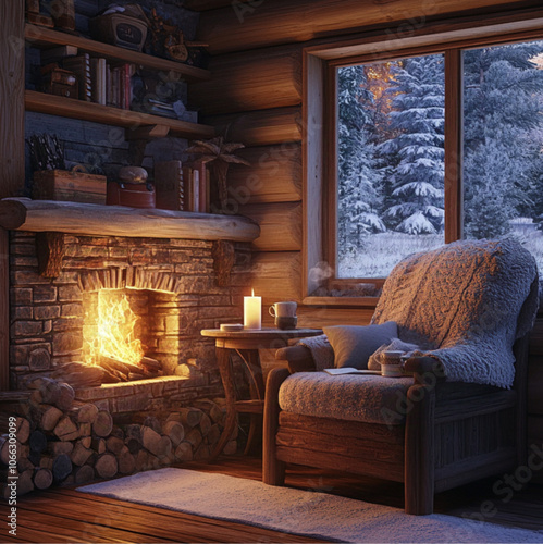 rustic log cabin interior at night, on a cozy corner by a lit fireplace with flames dancing warmly. The wooden walls, shelves are lined with stacked firewood, asmall table next to a cushioned armchair photo