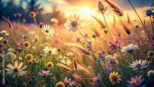 A Field of Wildflowers bathed in the warm glow of a setting sun, creating a vibrant tapestry of color and texture