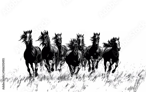 herd of wild mustang horses running forward - black vector silhouette outline photo