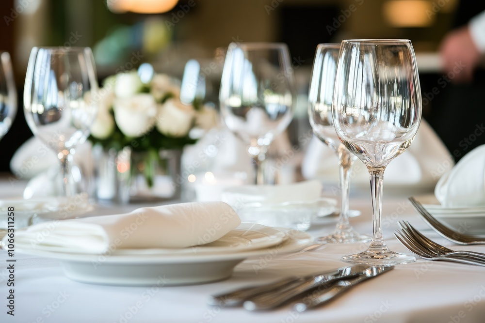 Elegant white table setting with glasses. Ideal for showcasing fine dining, luxury, and events. Elegant white table setting with glasses. Ideal for showcasing fine dining, luxury, and events.