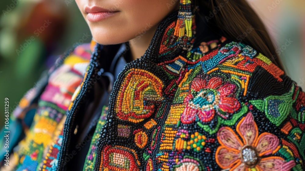 Obraz premium Close-up of a woman's beaded jacket with colorful floral patterns.