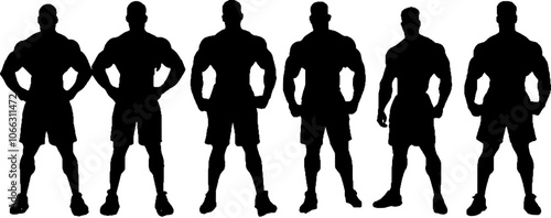 Silhouettes of six muscular male figures stand confidently in a row, showcasing strong athletic builds and powerful postures. Ideal for concepts of strength, fitness, discipline, and teamwork.