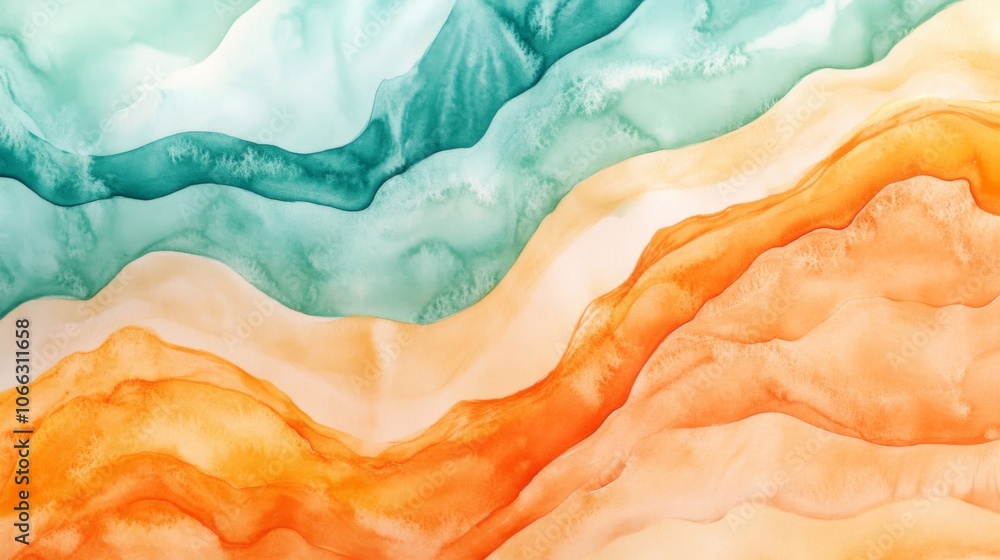 Obraz premium Abstract Watercolor Painting of Wavy Lines in Teal, Orange, and White