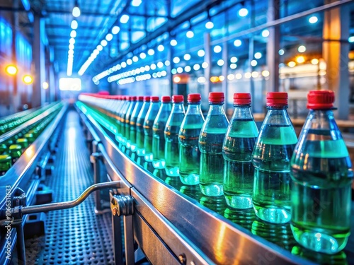 Water Bottles on Conveyor Belt in Industrial Bottling Plant with Bokeh Effect for Enhanced Visual Appeal and Focus on Manufacturing Process