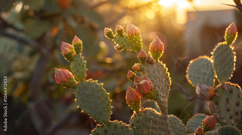 Obraz premium Close-up of a Prickly Pear Cactus in Bloom with Golden Sunlight