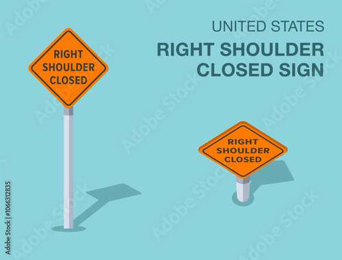 Traffic regulation rules. Isolated United States "right shoulder closed" road sign. Front and top view. Flat vector illustration template.