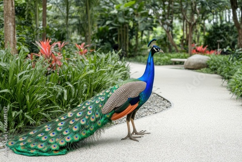 Vibrant Peacock in a Lush Botanical Garden