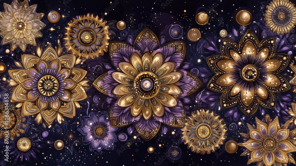 Purple and Gold Floral Pattern with Sparkling Background Purple and Gold Floral Pattern with Sparkling Background