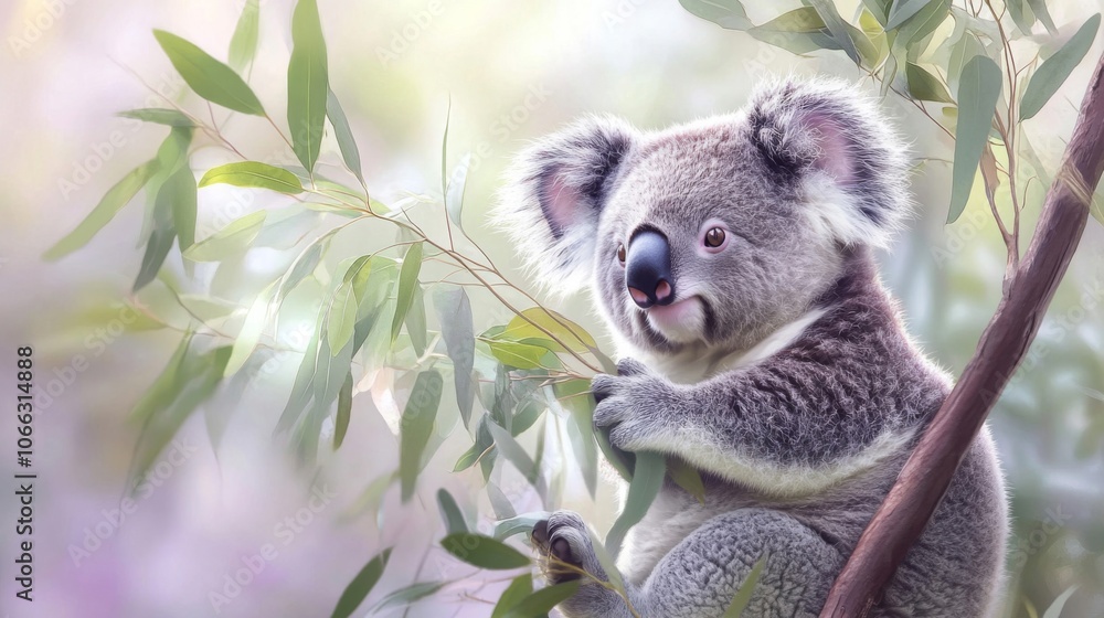 Fototapeta premium Koala Bear Sitting on a Tree Branch with Green Leaves