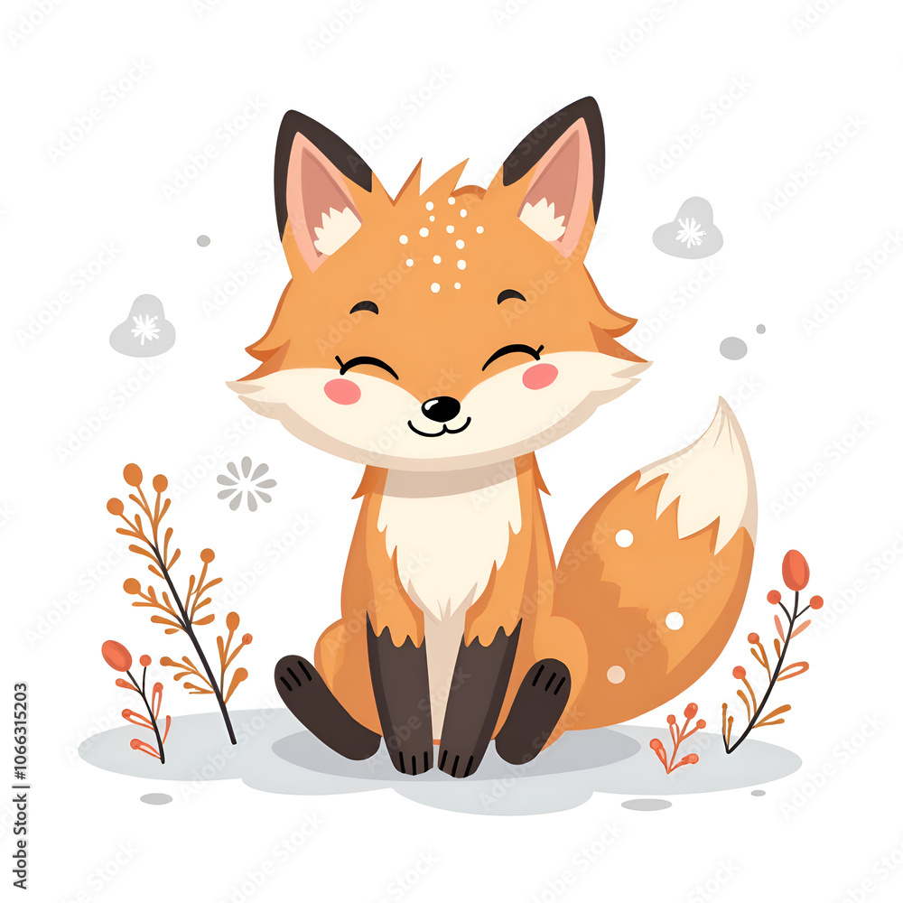 Fototapeta premium A cute fox sits happily amidst a playful natural landscape of flora and soft snowflakes, digital illustration of character design concept.
