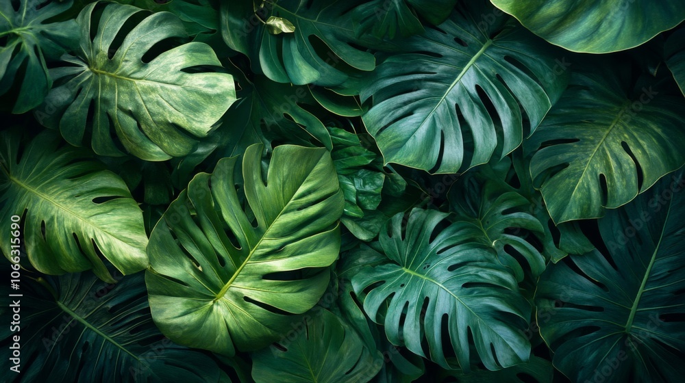 Lush Green Tropical Monstera Leaf Background Lush Green Tropical Monstera Leaf Background