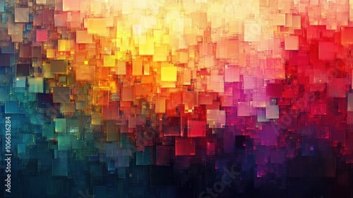 Abstract background with vibrant squares in various shades of red, orange, yellow, green, blue, and purple, creating a dynamic and energetic composition.