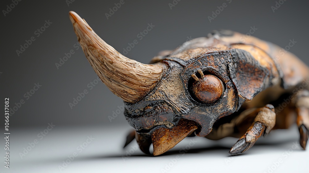 Fototapeta premium Detailed shot of a beetle s horn, strong shadows, and sharp focus on textures