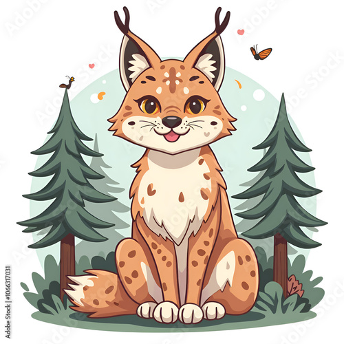 Embrace the wild  a joyful lynx celebrates nature s beauty in a serene forest setting, digital illustration of character design concept. photo