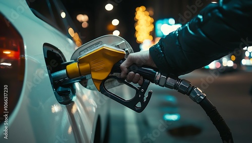 Woman refueling car with fuel at gas station. Close-up photo