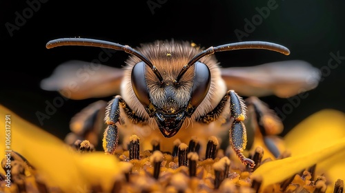 Extreme closeup of a honeybee on a vibrant sunflower, sharp contrast details of pollencovered body photo