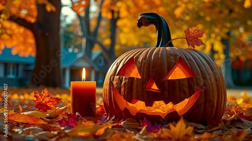 halloween pumpkin with autumn leaves