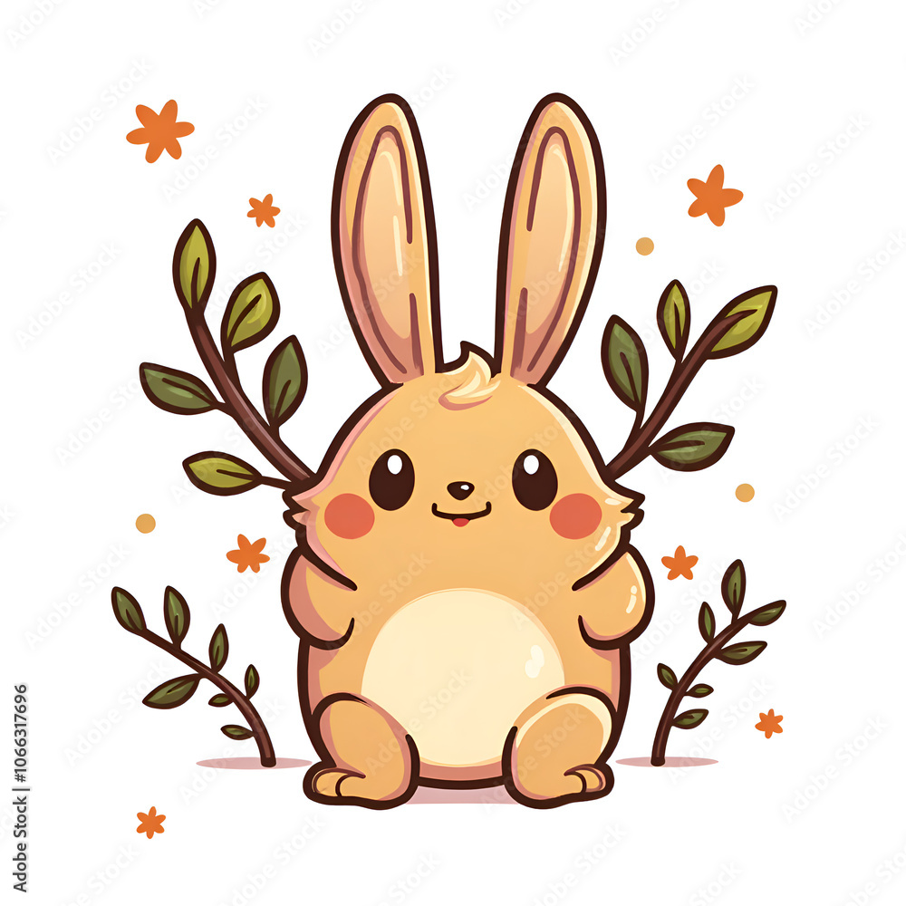 Fototapeta premium Celebrate the joy of nature with a playful bunny surrounded by whimsical flora, digital art of cute character design concept.