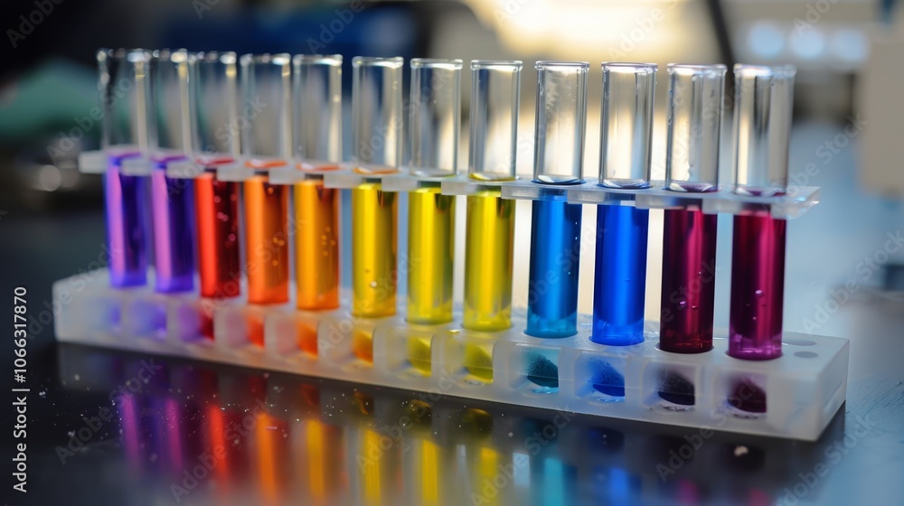 Colorful test tubes filled with different liquids are neatly organized on a lab table, showcasing vibrant hues Colorful test tubes filled with different liquids are neatly organized on a lab table, showcasing vibrant hues