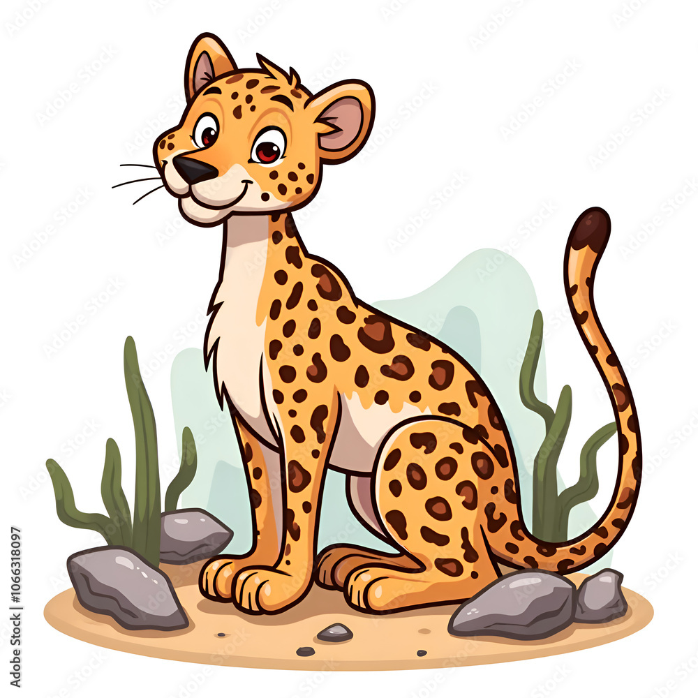Fototapeta premium Celebrate the joyful spirit of a playful cartoon leopard in a vibrant landscape, digital illustration of cartoon concept.