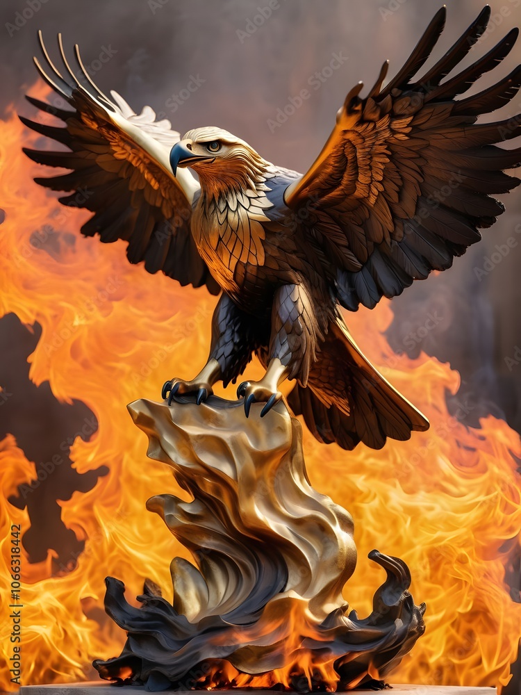 Fototapeta premium Flying eagle in fire background