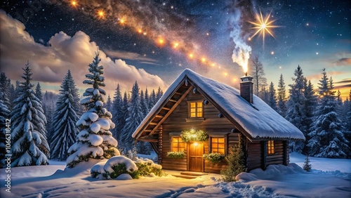 A Cozy Wooden Cabin Nestled in a Snowy Forest Under a Starry Sky with a Bright Star Shining Above