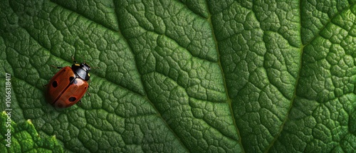 Ladybug on a green leaf, macro focus on texture and detail, nature s vibrant miniature photo