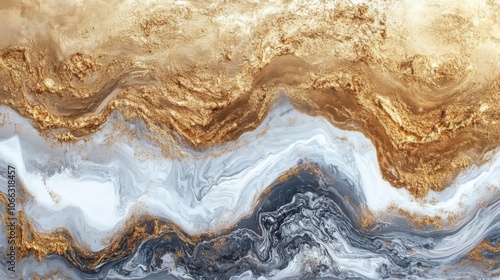 Abstract Swirling Liquid Gold, White, and Gray Paint photo