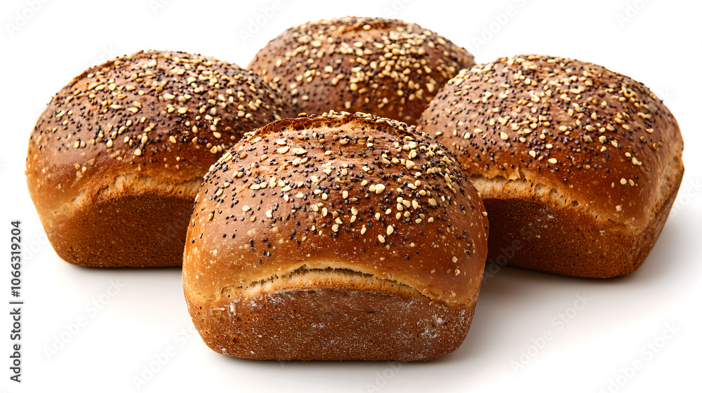 Four wonderfully baked loaves of bread, each adorned with an array of seeds on the crust, are arranged neatly, showcasing the craftsmanship of artisanal baking. Four wonderfully baked loaves of bread, each adorned with an array of seeds on the crust, are arranged neatly, showcasing the craftsmanship of artisanal baking.