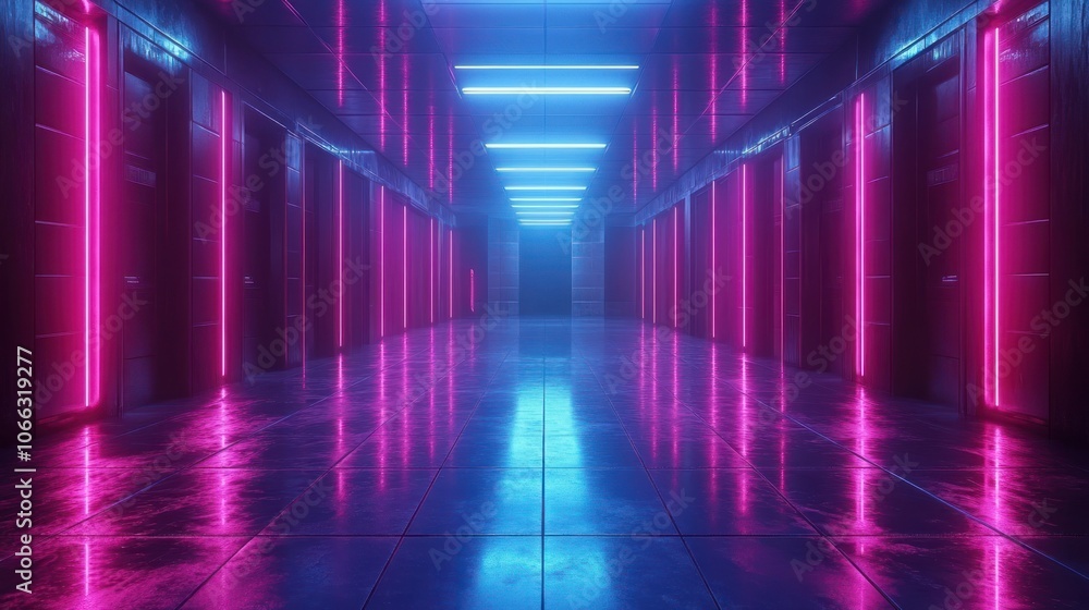 Futuristic hallway with neon lights. Futuristic hallway with neon lights.