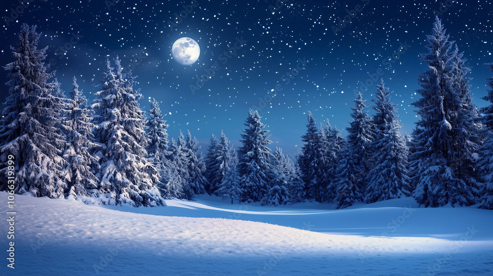 Snowy pine forest under starry sky with full moon Snowy pine forest under starry sky with full moon