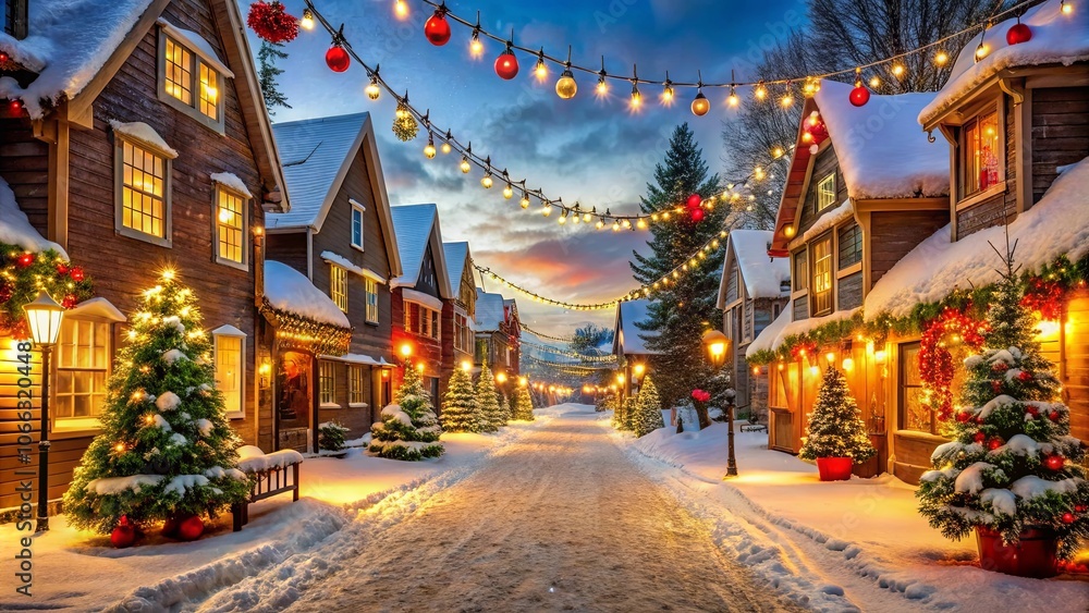 Fototapeta premium A festive winter street scene with charming houses adorned in twinkling lights and snow-covered rooftops, creating a magical ambiance.