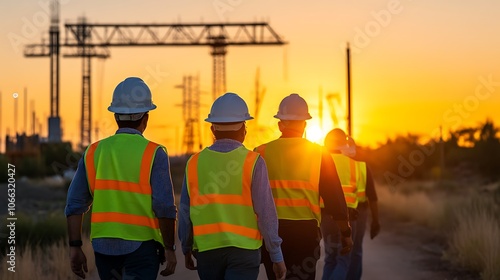 Construction Workers Walking Towards a Bright Sunset at a Job Site