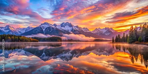 A vibrant sunrise paints the sky with hues of orange and purple, reflecting off the tranquil water of a serene lake, with snow-capped mountains standing tall in the background.