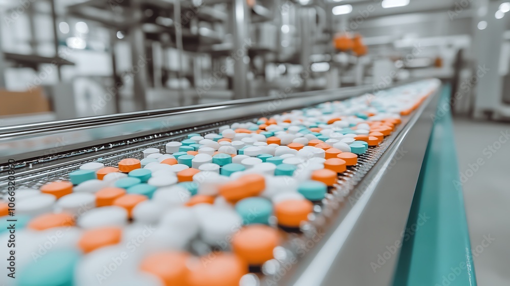 Fototapeta premium Colorful Pharmaceutical Capsules on the Production Line in a Modern Factory