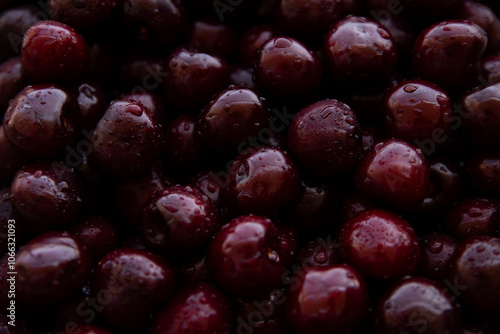 Cherries background. Top view of fresh red cherries.