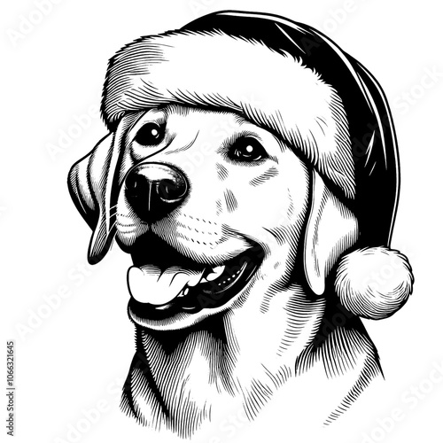 Hand drawn cute Labrador Retriever wearing a Santa hat, vector sketch isolated on white background, SVG vector	