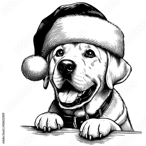 Hand drawn cute Labrador Retriever wearing a Santa hat, vector sketch isolated on white background, SVG vector	