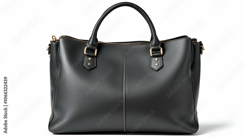 Naklejka premium A sleek black leather handbag with two top handles, a gold zipper, and gold accents. The bag has a clean, modern design and is perfect for everyday use.