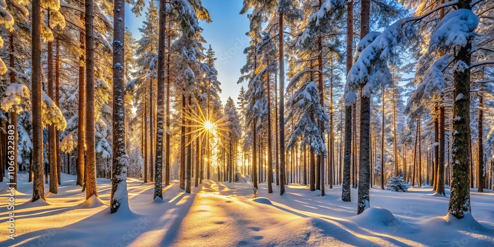 Naklejka premium A sun-drenched winter forest scene with snow-covered trees, where the golden rays pierce through the branches, casting long shadows on the pristine white landscape.