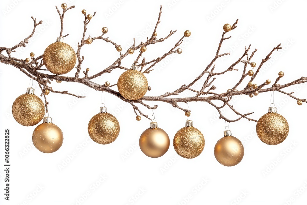 Close-up of Christmas tree branch with golden glittering ornaments, isolated on white background.