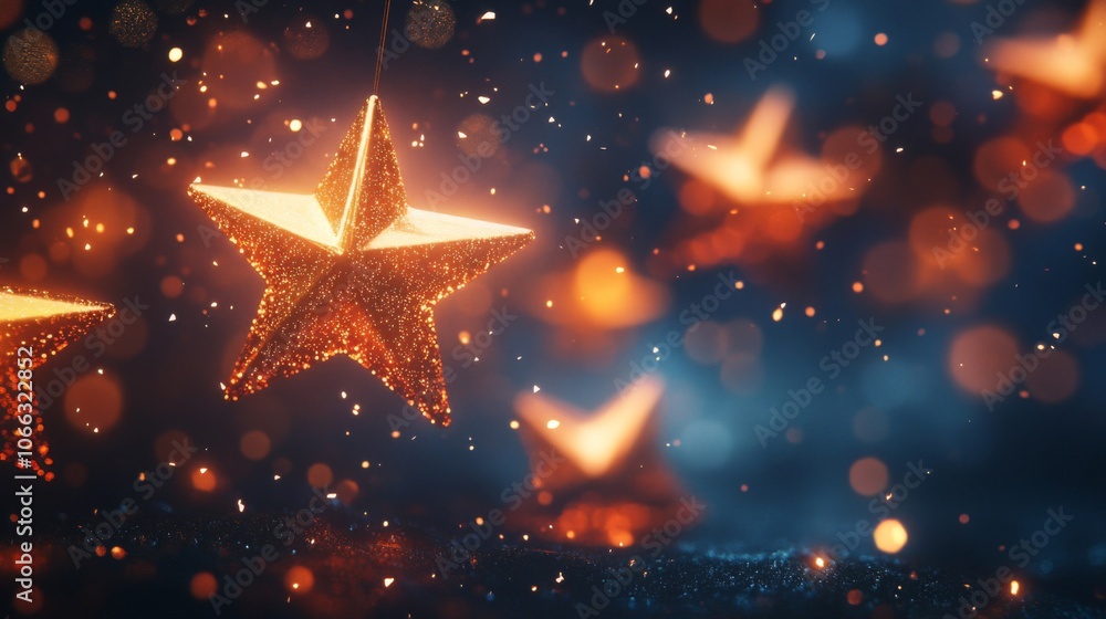 Golden Star Ornament Hanging With Glittering Bokeh Background Golden Star Ornament Hanging With Glittering Bokeh Background