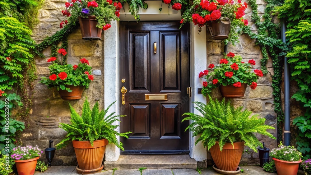 A Stone Wall Adorned with Hanging Baskets of Vibrant Red Flowers and Lush Green Ferns Flanking a Solid Wooden Door A Stone Wall Adorned with Hanging Baskets of Vibrant Red Flowers and Lush Green Ferns Flanking a Solid Wooden Door