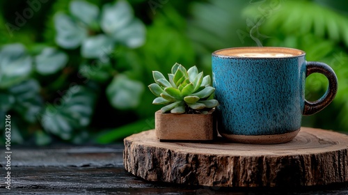 A cozy cup of coffee sits beside a succulent plant on a wooden slice, surrounded by lush green foliage, perfect for tranquility.