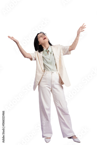 Young Asian businesswoman wearing white jacket on purple background