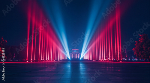 Abstract background with long exposure rays of light in red and blue colors, creating an artistic, dreamy and dynamic effect on the dark space. In front, the national palace of Culture photo